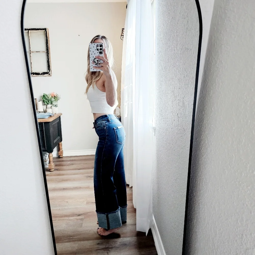 Risen Mid Rise Dark Wash Slim Wide Leg Wide Cuff Denim Jeans Stretch Various NEW - Picture 7 of 11